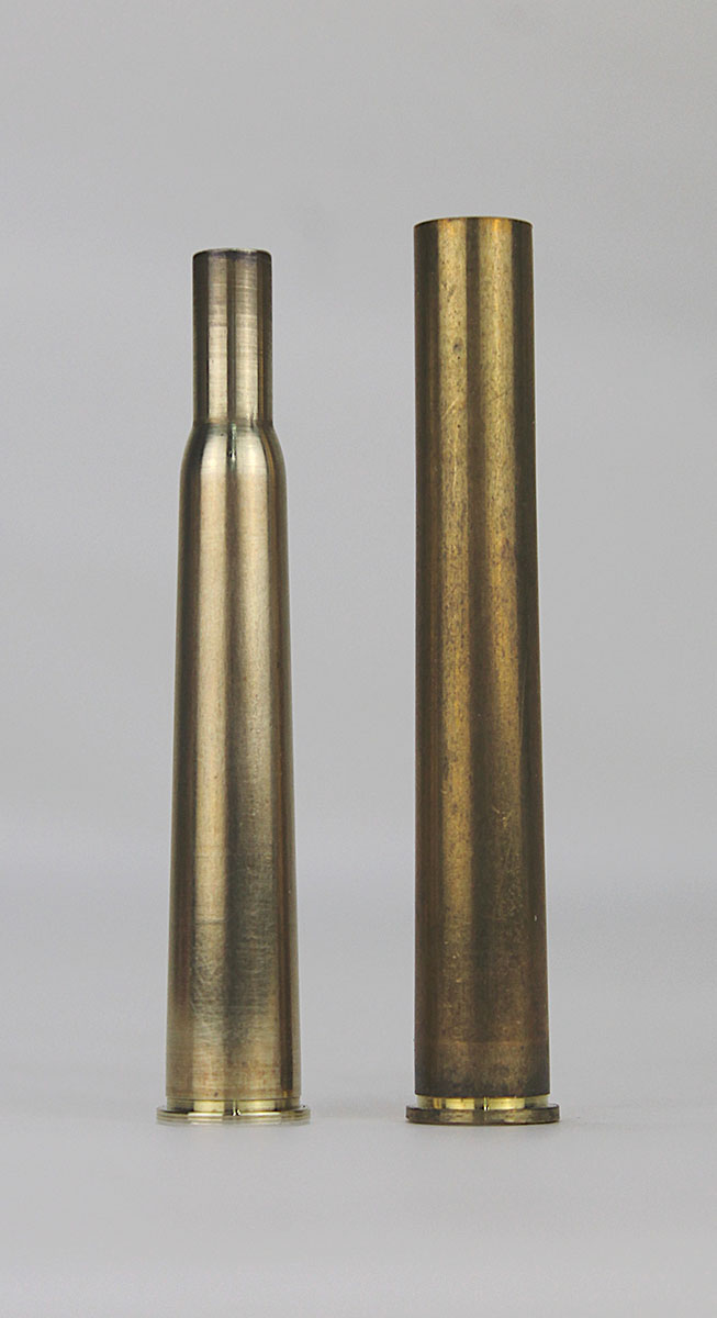 A Rifle magazine reader is currently experimenting with recreating the “0.22 Inch Caliber Cartridge for Experimental Arm” of 1895. Formed from 9.3 x 72R brass, he has dubbed it the “.22 Gov’t 1895 MK II” (left), alongside the parent case (right).